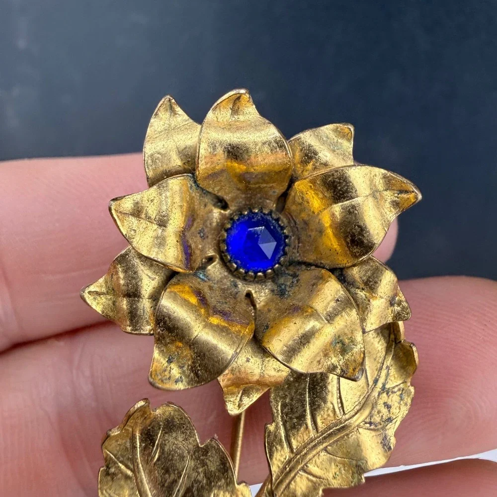 Vintage Swiss Made Flower Brooch Gold Blue Rhinestone Floral Pin Women